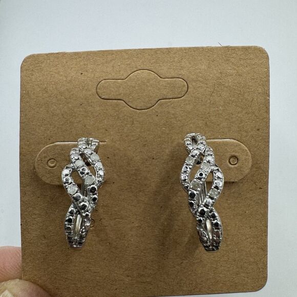 Sterling Silver Diamond Twisted Half Hoop Earrings - Picture 8 of 15